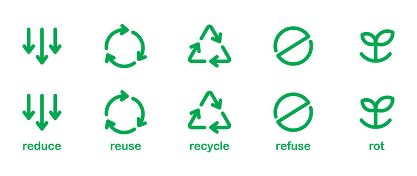 Recycling eco icon set. Green icon  of Reduce, reuse, recycle, reject and decompose. Recycle cycle arrow icon set. Recycle eco icon vector illustration on transparent background. Flat icon. Eps10.