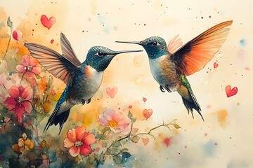 Fototapeta premium Watercolor painting of hummingbirds in flight amidst pastel flowers and hearts