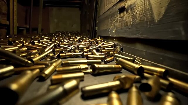 Large pile of bullets in a dimly lit storage room, ammunition supply
