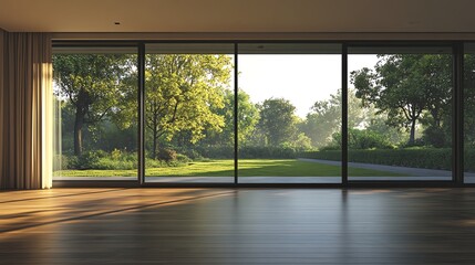 Modern house interior with large sliding glass doors that open to a lush green garden.