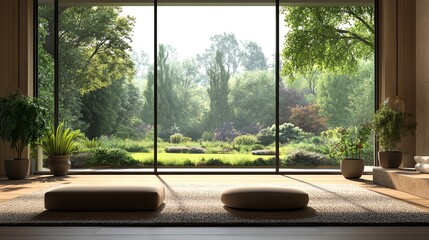 Modern zen room with two cushions and a view of a lush green garden through large windows.