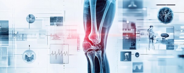 Futuristic digital art collage with x-ray images showcasing human anatomy and medical data visualization
