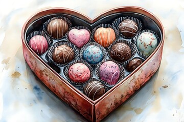 Obraz premium Watercolor illustration of a heart-shaped box filled with various chocolates
