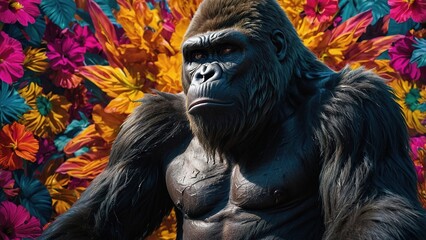 A powerful gorilla sits amongst vibrant tropical foliage in a lush jungle habitat, capturing the essence of wildlife