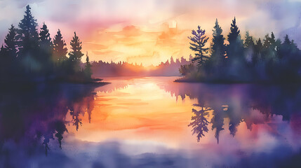 Fototapeta premium Serene watercolor depiction of a misty mountain range at dawn, with soft pastel colors blending together and wisps of fog drifting between the peaks and valleys