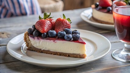 A slice of cheesecake with strawberries, blueberries and raspberries on top of a white plate. A glass of red juice is next to the plate

