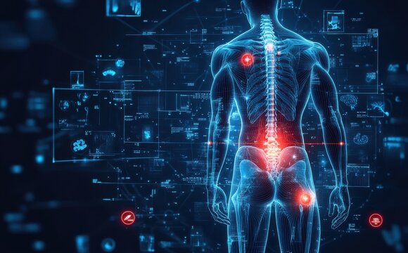 Futuristic digital illustration of the human body with focus on spine and health data visualization - Powered by Adobe
