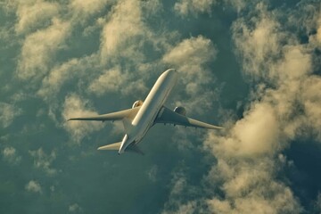 Commercial airliner soaring through a dramatic cloudy sky, symbolizing air travel, aviation technology, and global connections