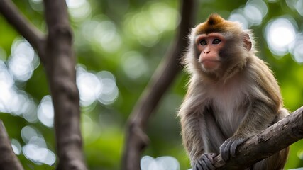 Fototapeta premium Portrait of a Brown Macaca Monkey Climbing on a Branch: Eye Contact in a Forest Park Setting, Perfect Material for Creative Ideas – Isolated on White Background with Clipping Path and Transparency