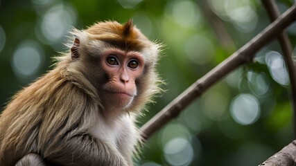 Portrait of a Brown Macaca Monkey Climbing on a Branch: Eye Contact in a Forest Park Setting, Perfect Material for Creative Ideas &ndash; Isolated on White Background with Clipping Path and Transparency
