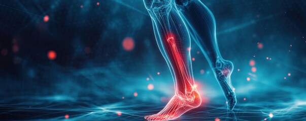 Digital illustration of a human leg anatomy with highlighted injury in red representing pain or medical concept