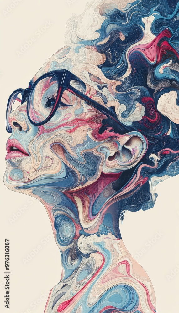 Poster digital art illustration of a colorful abstract portrait with swirling patterns and vibrant design
