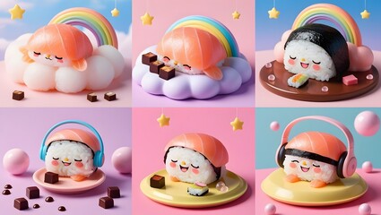 Fototapeta premium Sushi, salmon rice, seaweed rice, cute makeup, headphones, rainbow, pastel background.