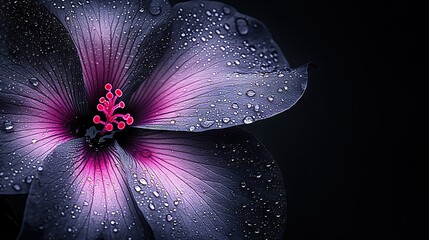   A close-up of a purple flower with drops of water on the petals against a black background