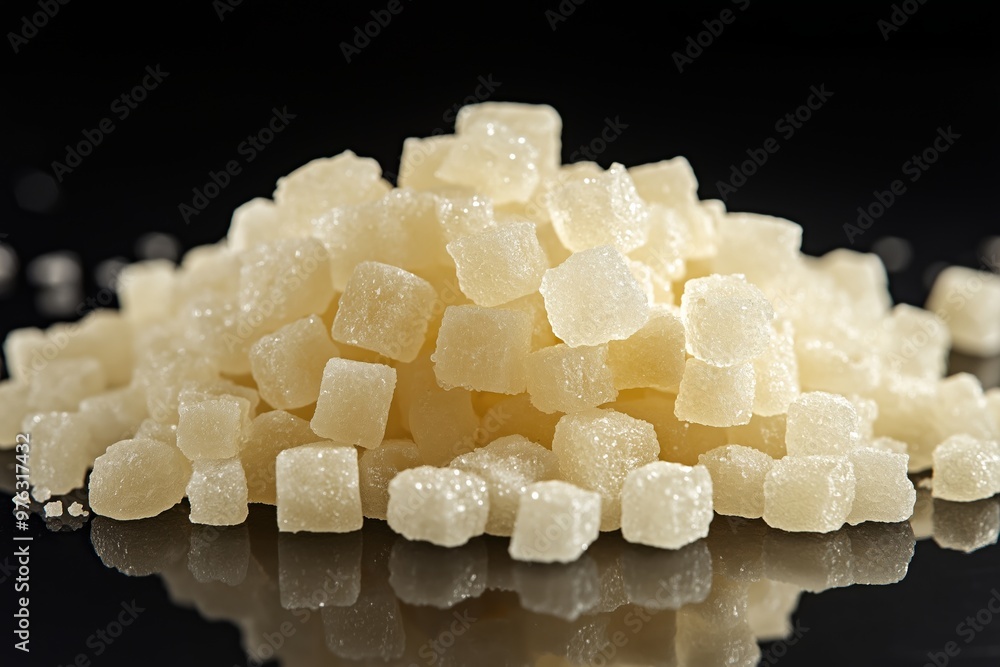 Poster a pile of white sugar cubes on a black surface. the cubes are small and white, and they are piled on