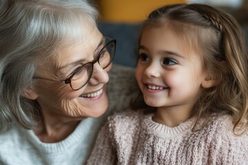 Close-up of a smiling elderly woman with glasses and a young girl with braided hair, sharing a tender moment and displaying intergenerational love