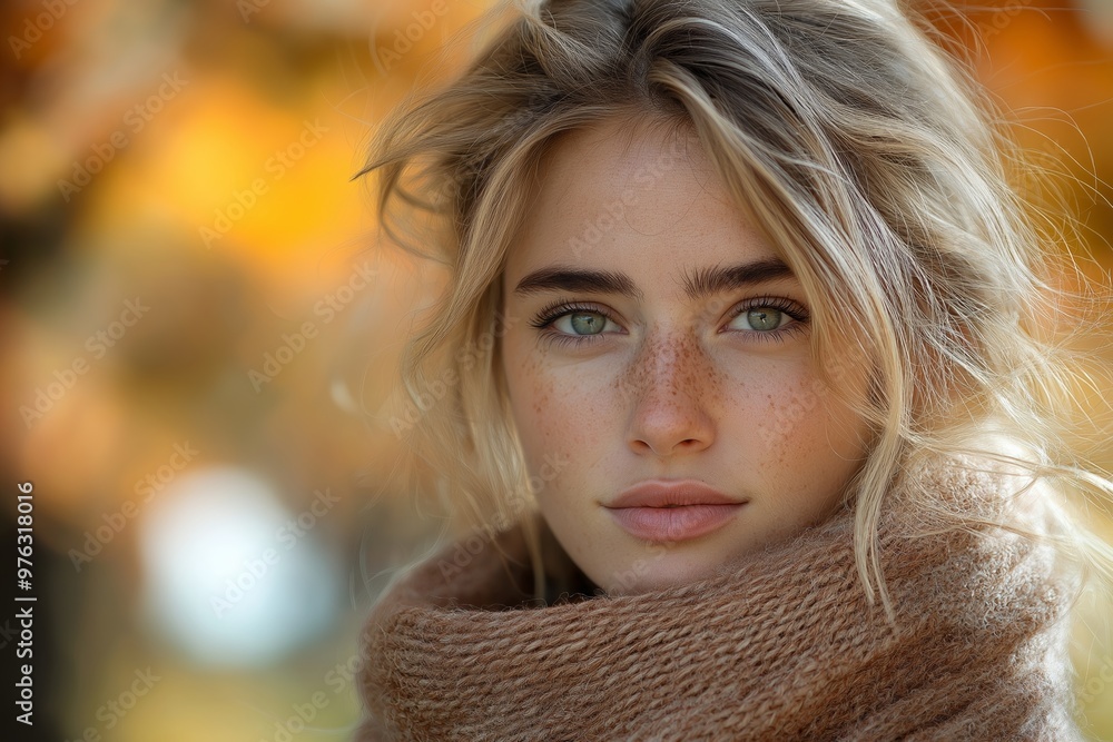 Poster a woman with green eyes and a red face. she is wearing a brown scarf. the scarf is wrapped around he