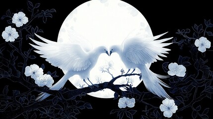   Two white birds perch on tree branches, surrounded by white blossoms and bathed in moonlight