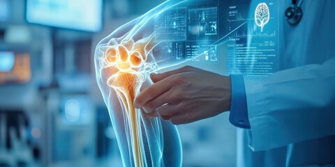 Doctor examining human knee joint with futuristic holographic technology display in hospital setting for medical research and analysis