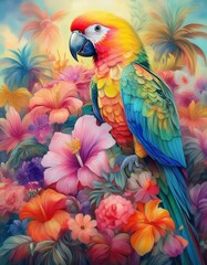 Obraz premium In a beautiful and vibrant painting, a colorful and exotic parrot is perched gracefully on a plentiful pile of assorted flowers