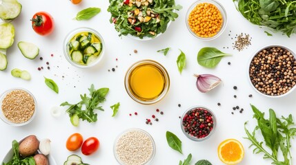 Vibrant salads with veggies, grains, and dressings are beautifully arranged on a white surface