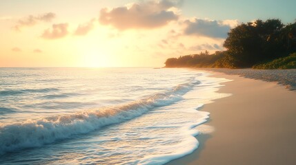 A golden sunset illuminates a serene beach with white sand and gentle waves.