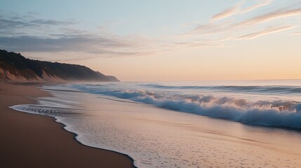 A calm beach with waves gently rolling in and a picturesque sunset in the background.