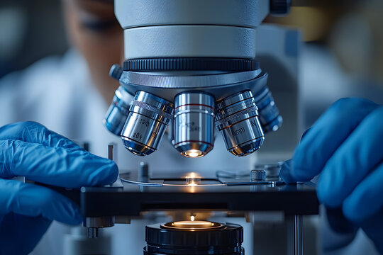 Close-up shot of microscope with metal lens at laboratory