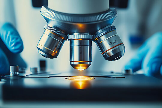 Close-up shot of microscope with metal lens at laboratory