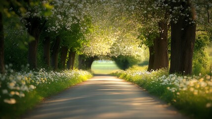 Naklejka premium A winding path leads through a beautiful tree tunnel with white flowers blooming along the sides.