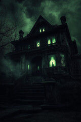 Fototapeta premium Spooky Haunted House with Glowing Windows and Foggy Atmosphere on Halloween Night