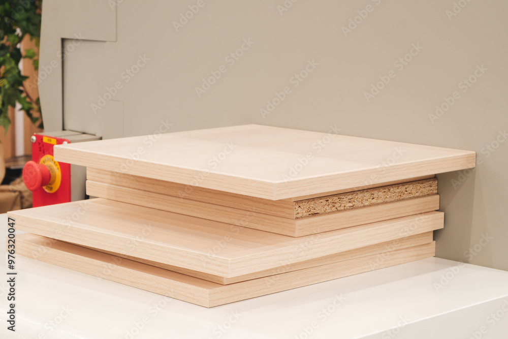 Poster A stack of wood boards with a red button on top. The stack is made up of four boards and is on a white surface