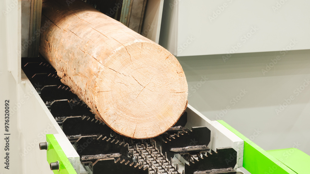 Poster A large log is being processed by a machine. The machine is green and black. The log is being cut into smaller pieces