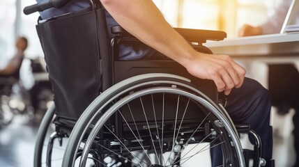 Obraz premium Close-Up of Person in a Wheelchair Working at a Desk in an Office Setting with Sunlight