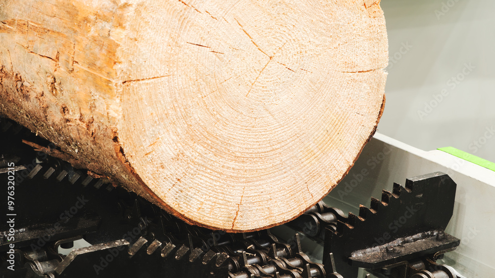 Poster A large log is being processed by a machine. The machine is green and black. The log is being cut into smaller pieces