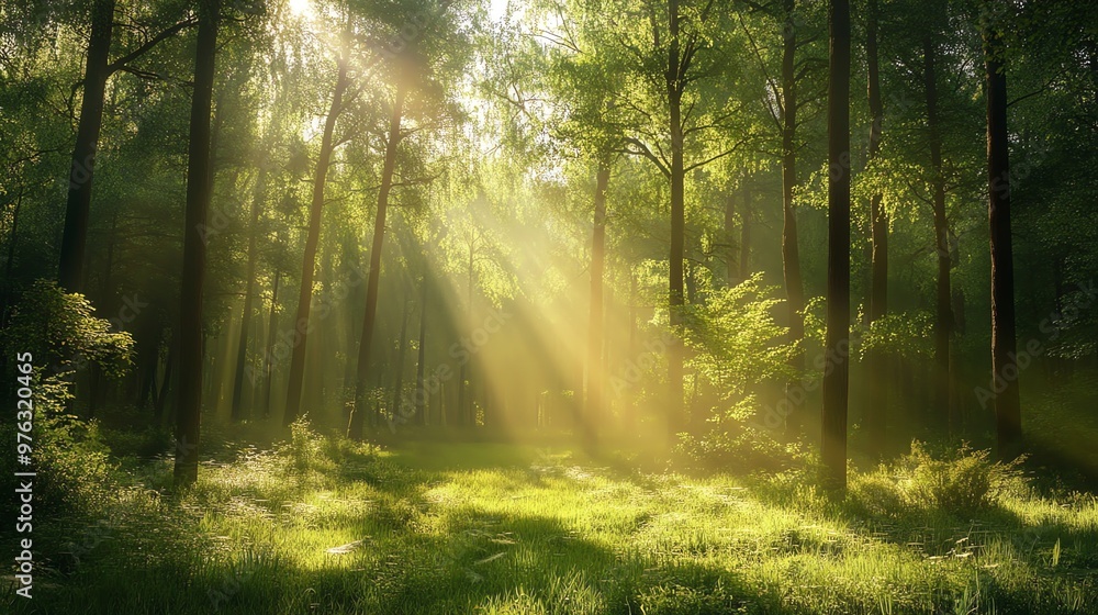 Poster sunlight beams through the trees in a misty forest.