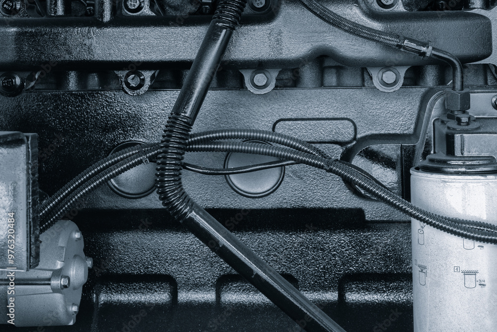 Poster a close up of a diesel engine with a hose coming out of it. the hose is connected to a container