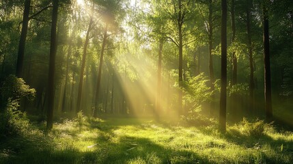 Obraz premium Sunlight beams through the trees in a misty forest.