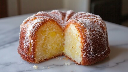   A cake with a bite missing, perched on a marble countertop