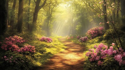 Obraz premium A sunlit path winds through a lush, green forest with pink flowers blooming on either side.