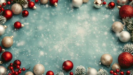 Christmas Background with Copy Space, Christmas Ornaments, Pine Branches, Holly Berry and Pinecones

