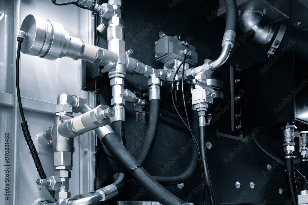 Poster A black and white image of a pipe system with a lot of different pipes and valves. Concept of complexity and organization, as the various pipes and valves are all connected