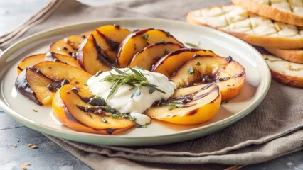 A plate of whipped ricotta with fresh roasted peaches and pitta slices served with a balsamic drizzle and herbs.
