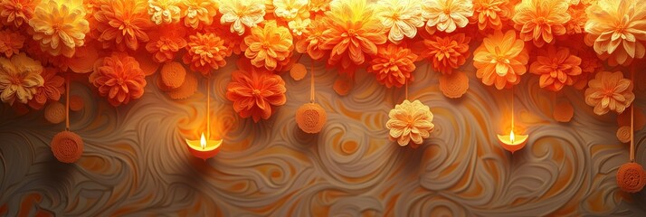 Diwali Banner with Layered Marigold Garlands and Glowing Diyas in Paper-Cutting Style