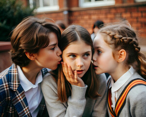 Obraz premium Students, friends gossiping, school boy and girls whispering together. School, friends and whisper in classroom for secret, story and gossip together with hand by desk.