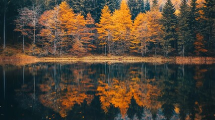 Fototapeta premium A tranquil autumn scene with a perfect reflection of trees in a still lake.