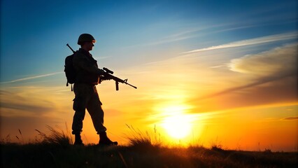 Soldier Silhouetted Against Sunset Holding Rifle in Field