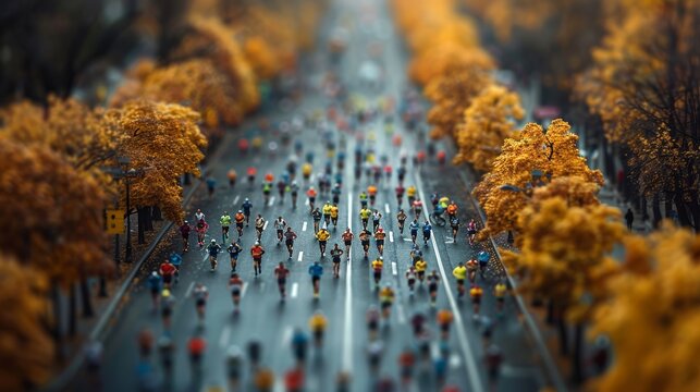 A marathon race with diverse runners amidst autumn trees on a vibrant street. - Powered by Adobe