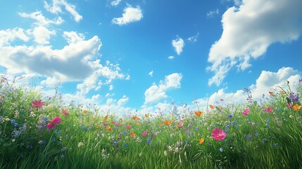 Obraz premium A vibrant field of wildflowers blooms under a bright blue sky with fluffy white clouds.