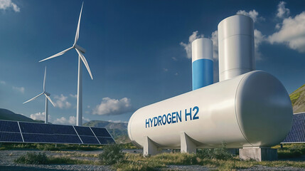 Naklejka premium A large hydrogen tank surrounded by solar panels and wind turbines. Renewable energy concept.